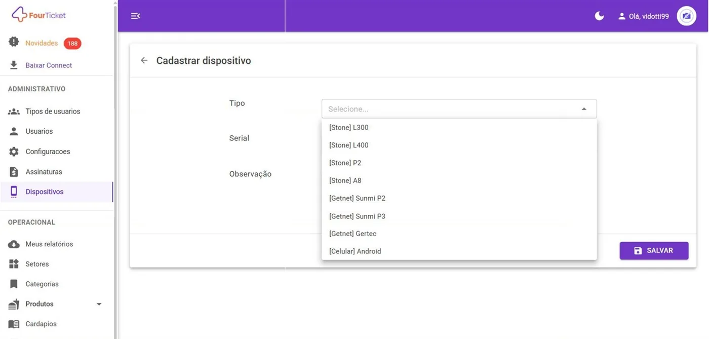CADASTRAR: escolha o modelo e informe o serial