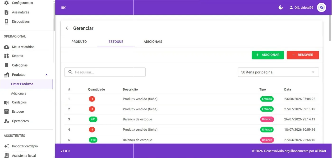 Aba ESTOQUE: entradas e saídas