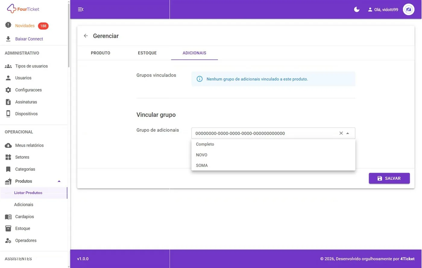 Aba ADICIONAIS: ligar um grupo de adicionais ao produto