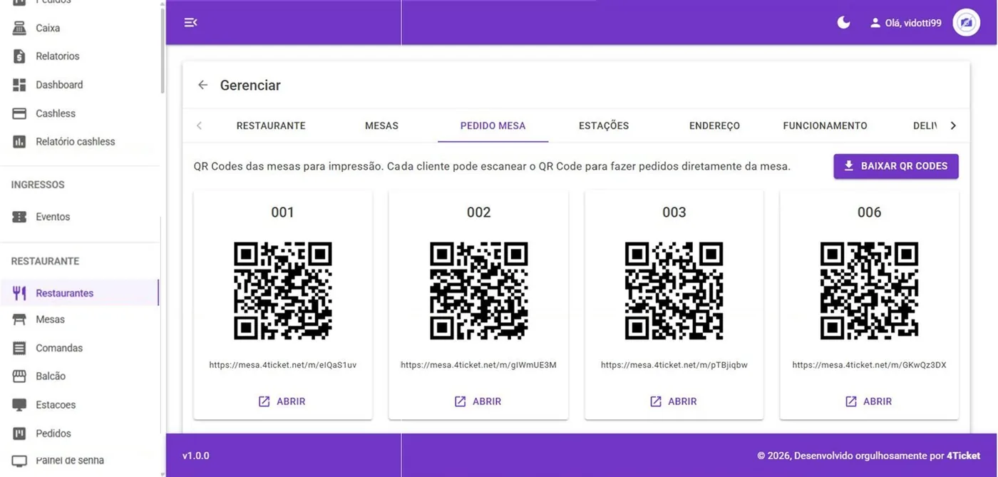 Aba PEDIDO MESA: QR Code de cada mesa